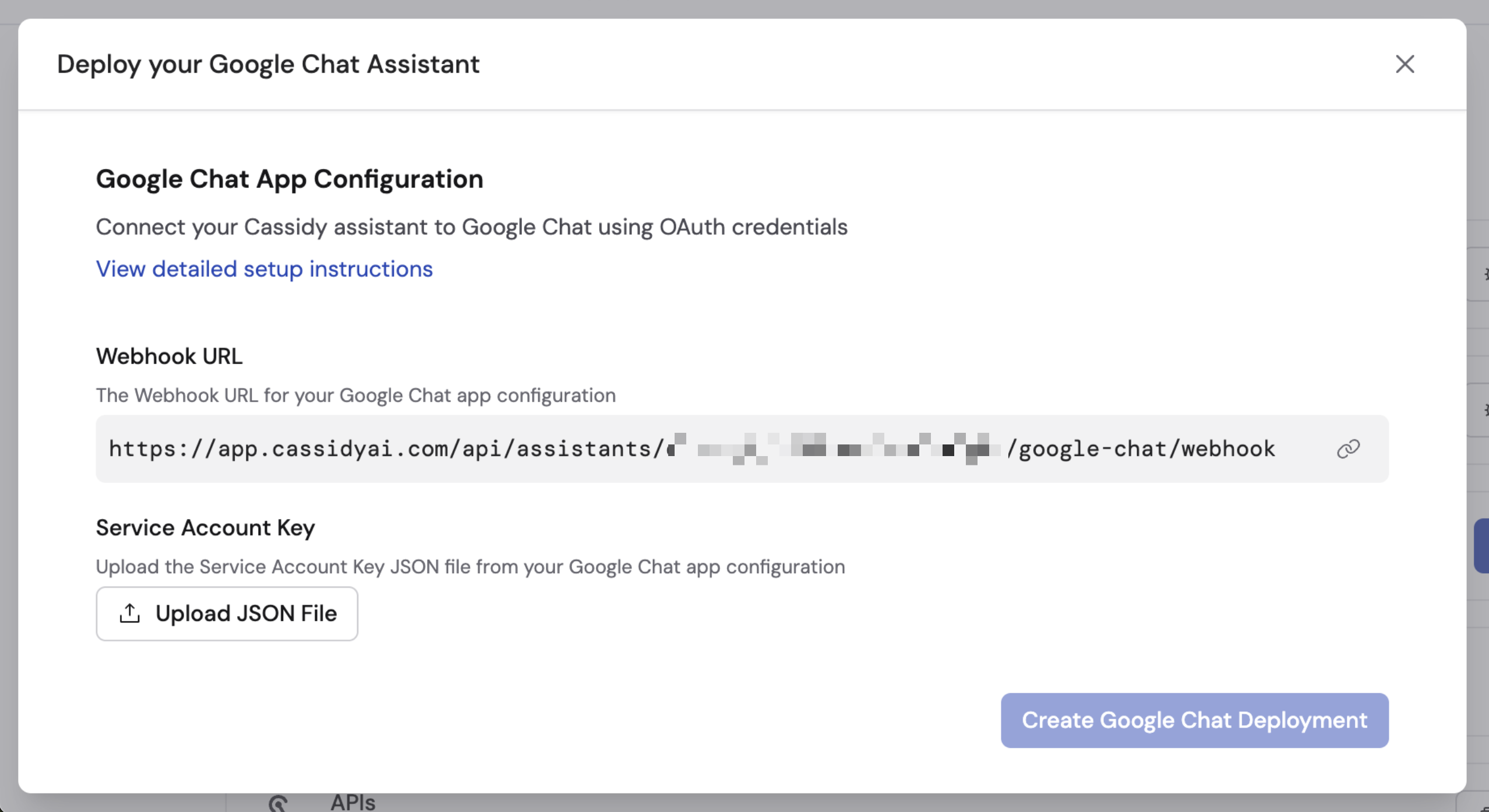 Cassidy Deployments tab showing the Webhook URL for Google Chat