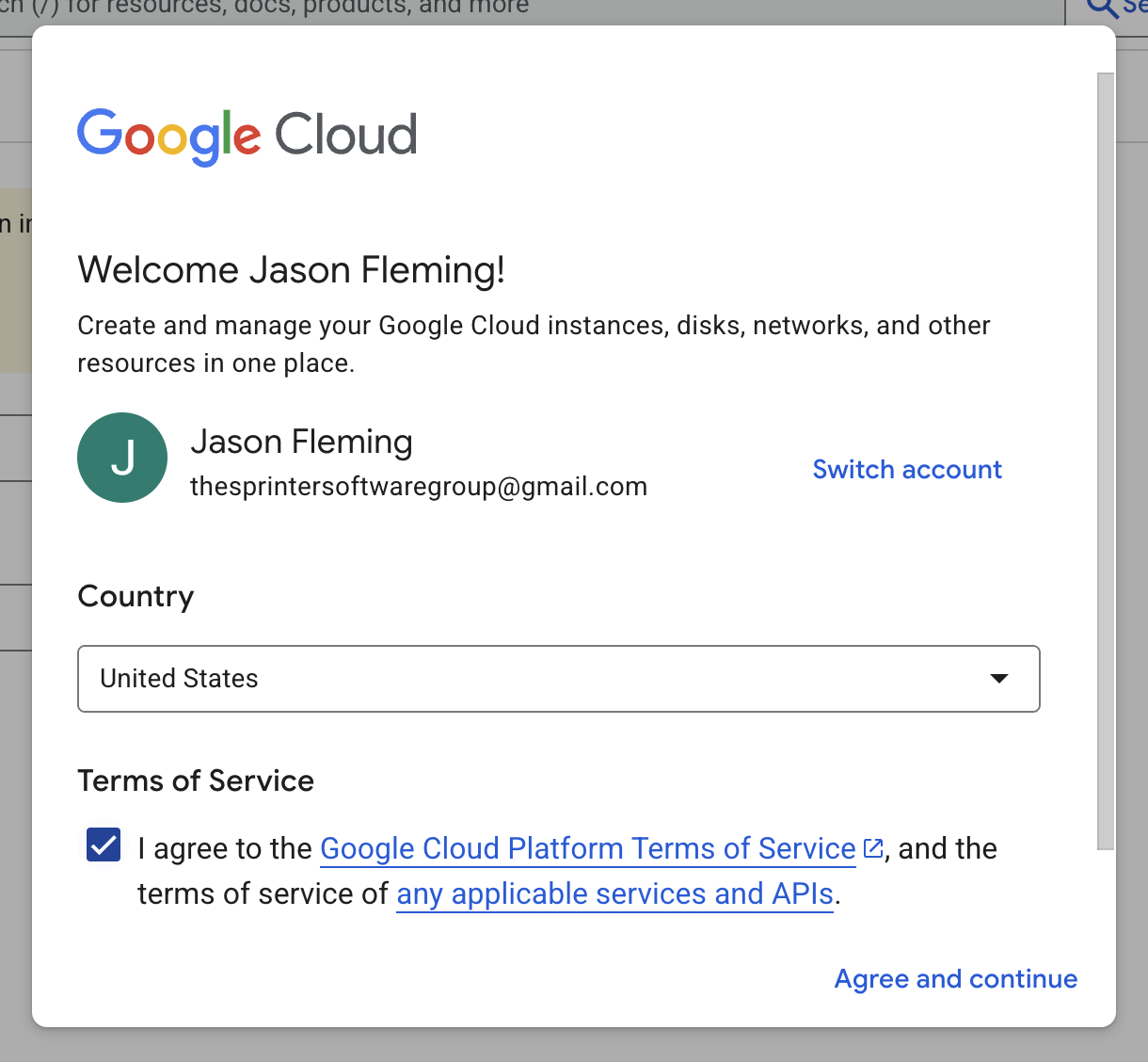 Google Cloud Console setup page with Terms of Service