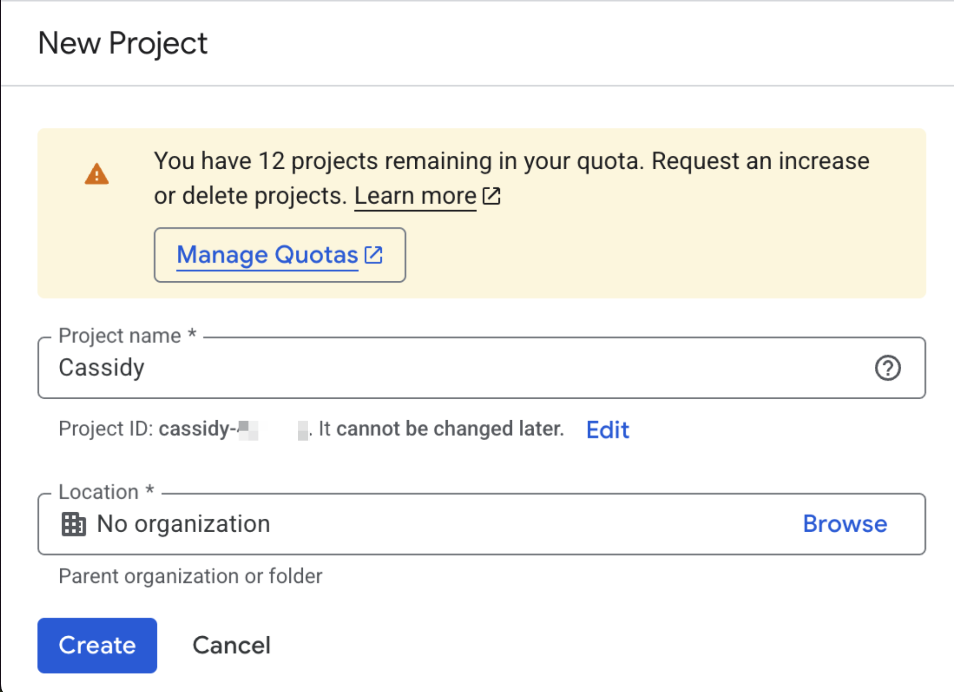 Google Cloud new project creation form