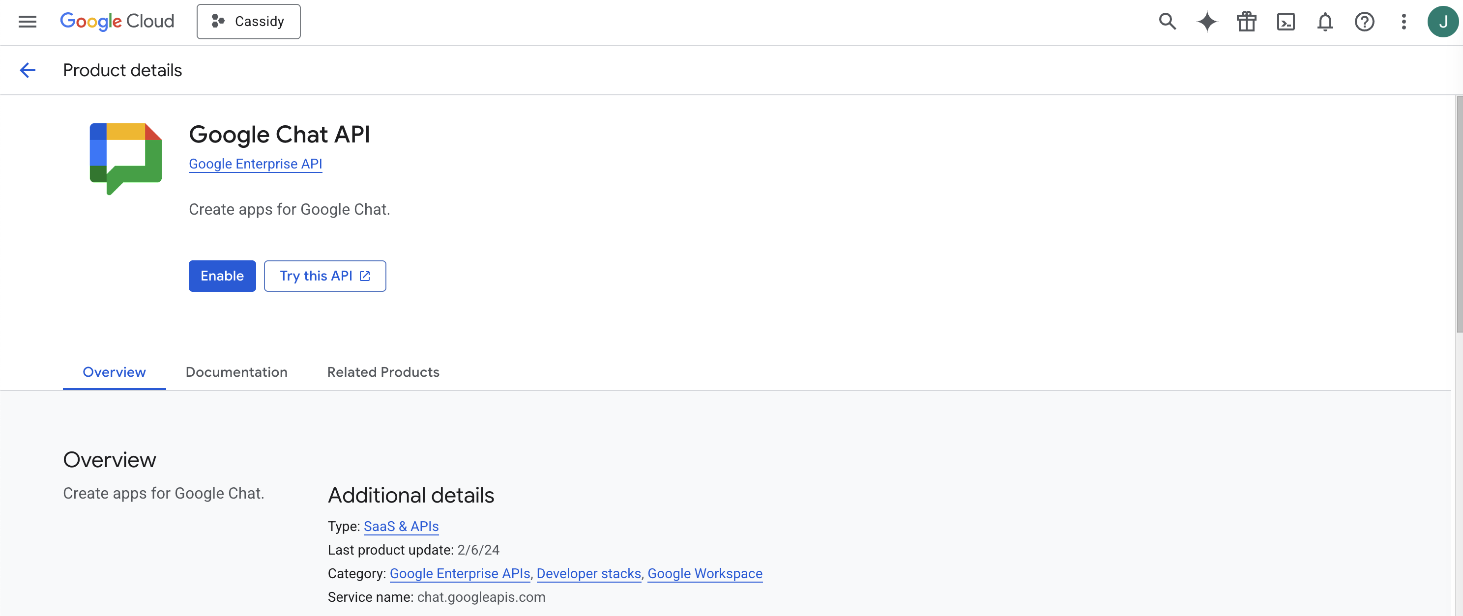 Google Cloud API Library showing the Google Chat API Enable button