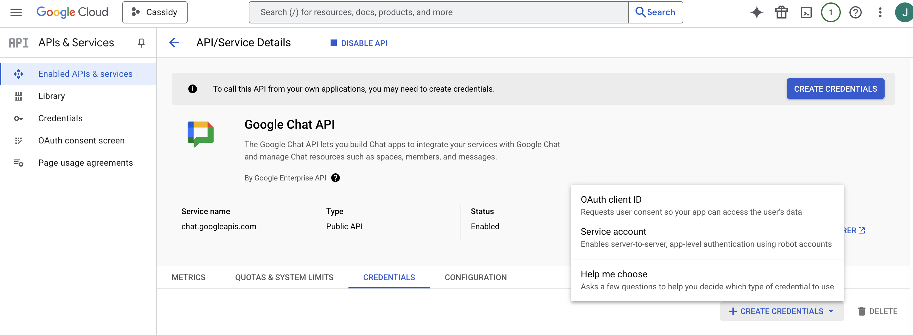 Google Cloud Credentials page showing the Create Credentials menu