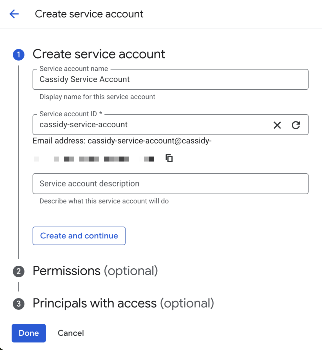 Service account creation form with name and description fields