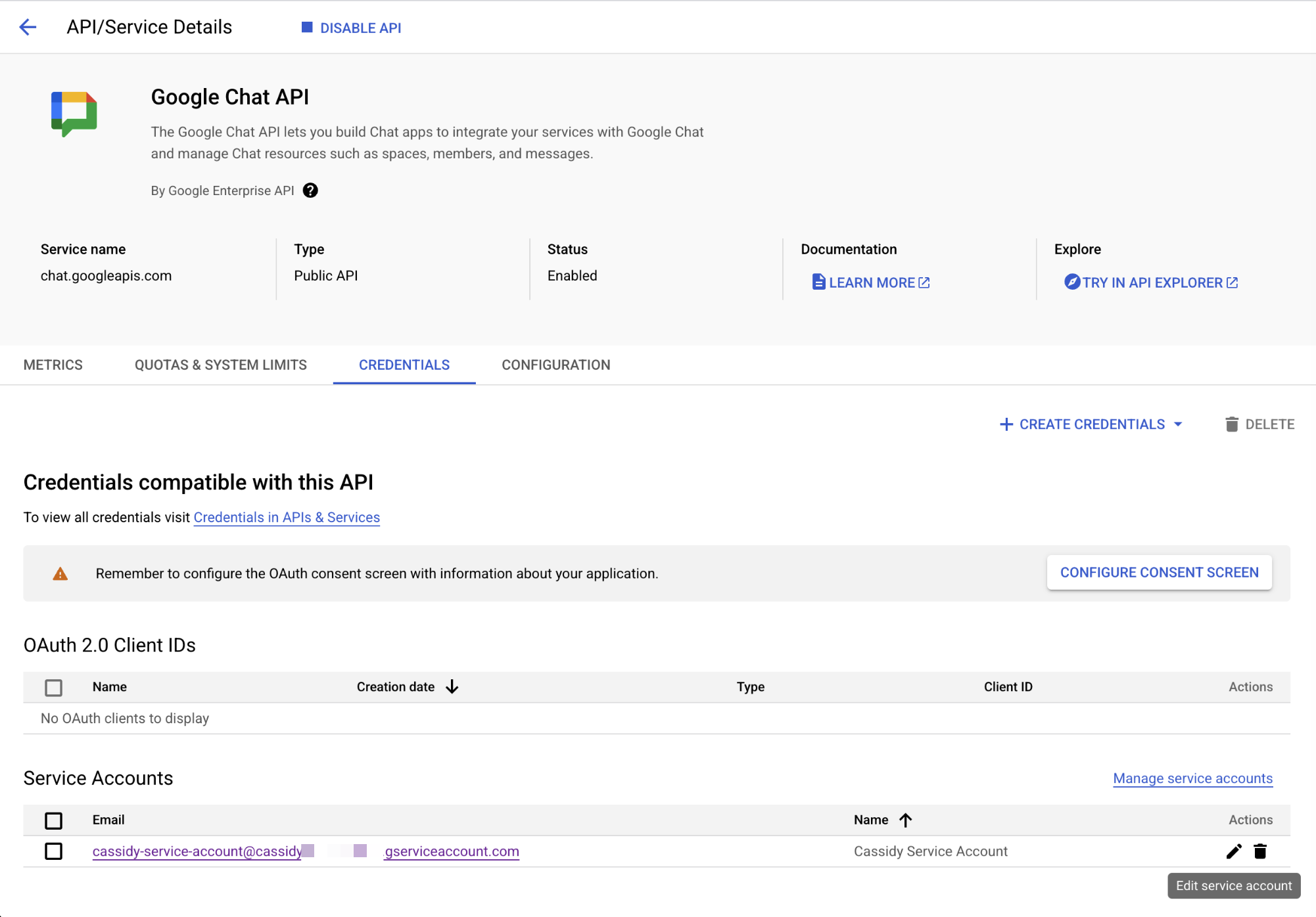 Credentials tab showing the service account with the edit icon