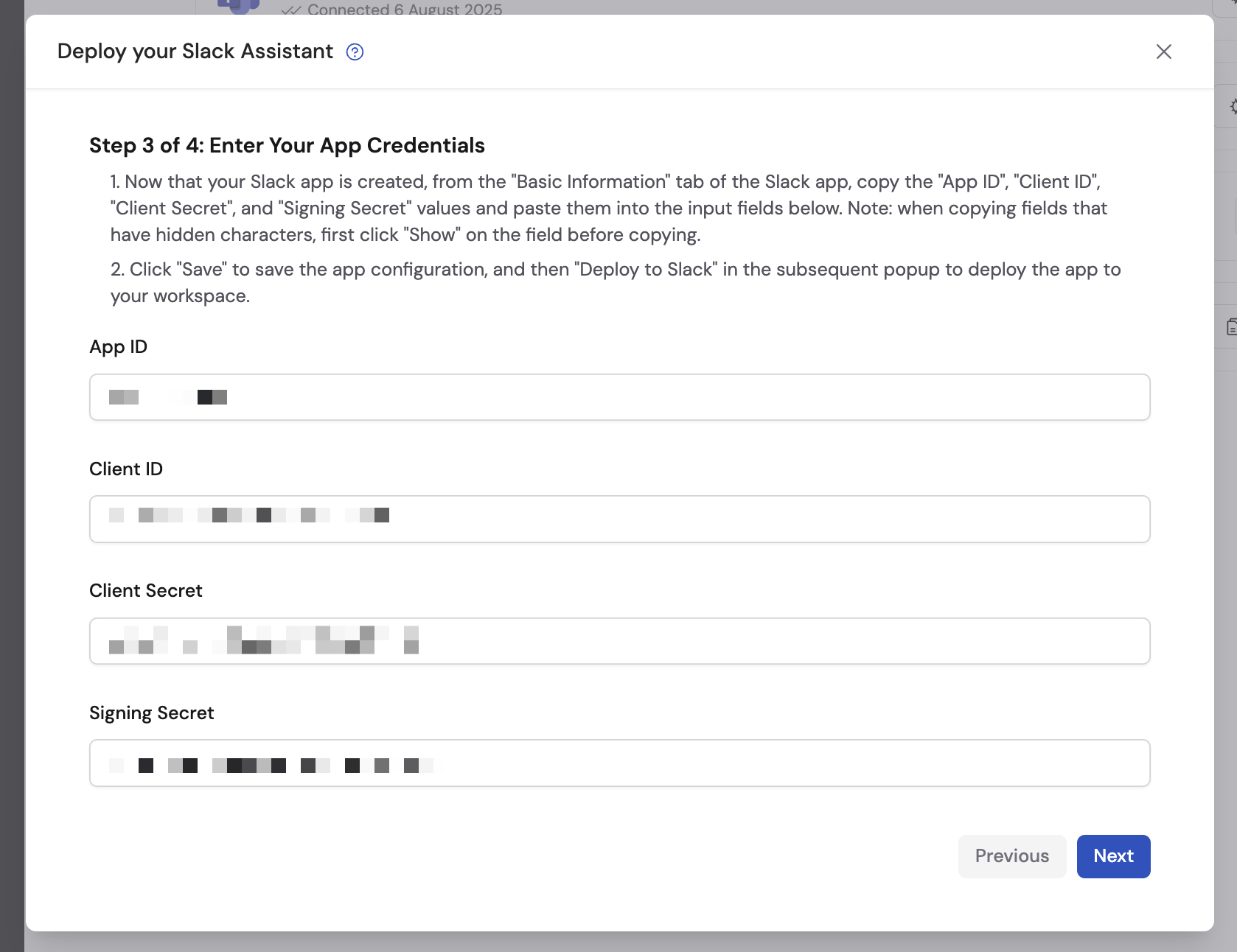 Cassidy credential fields for App ID, Client ID, Client Secret, and Signing Secret