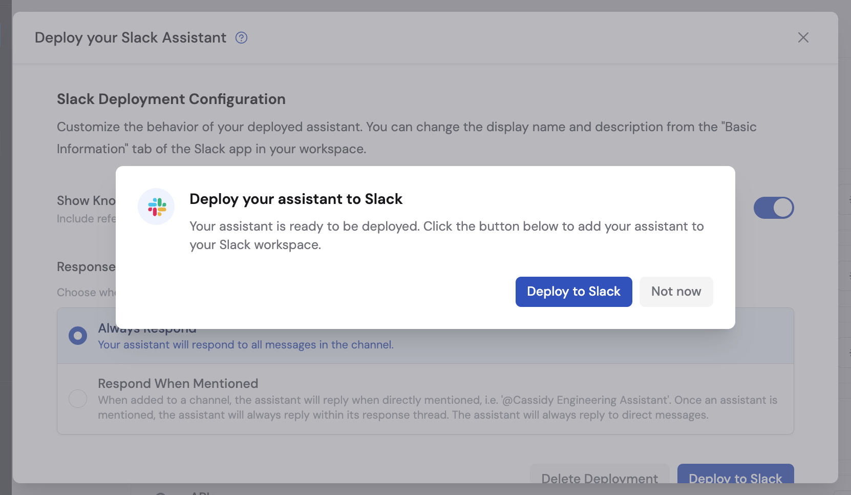Deploy to Slack button in the Cassidy deployment dialog
