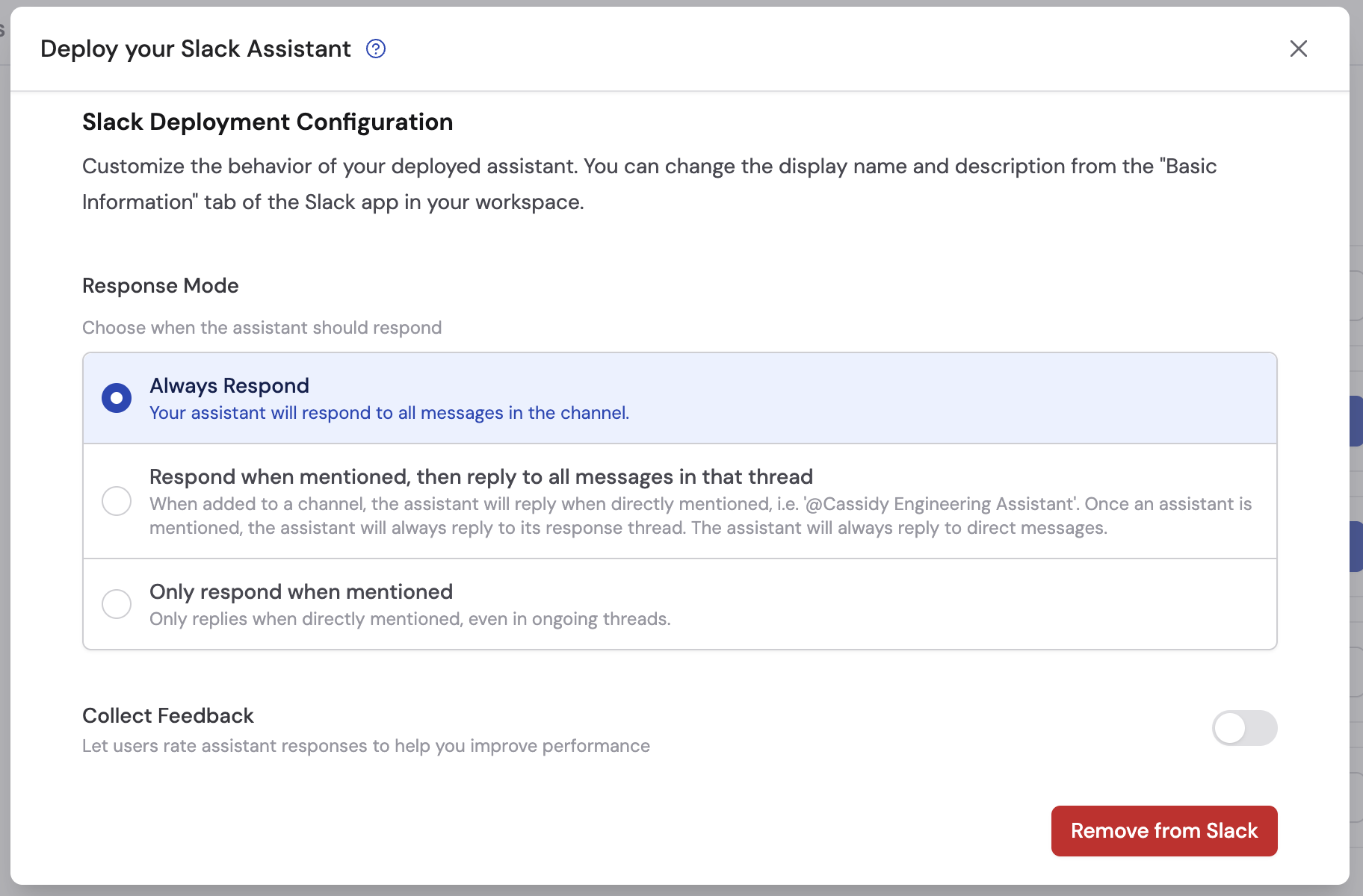 Response mode settings showing Always respond, Respond when mentioned, and Only respond when mentioned