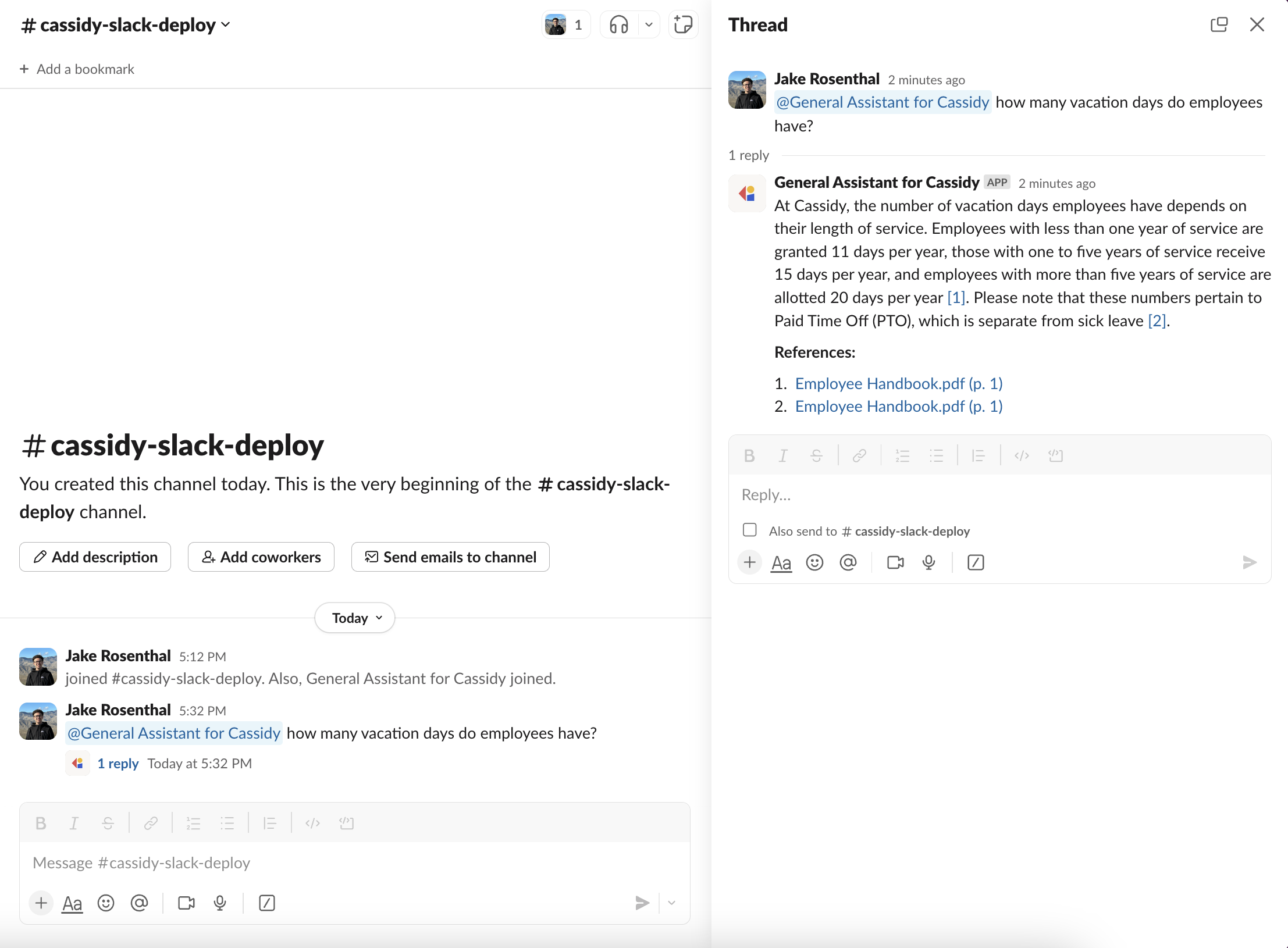 Agent replying in a Slack channel thread