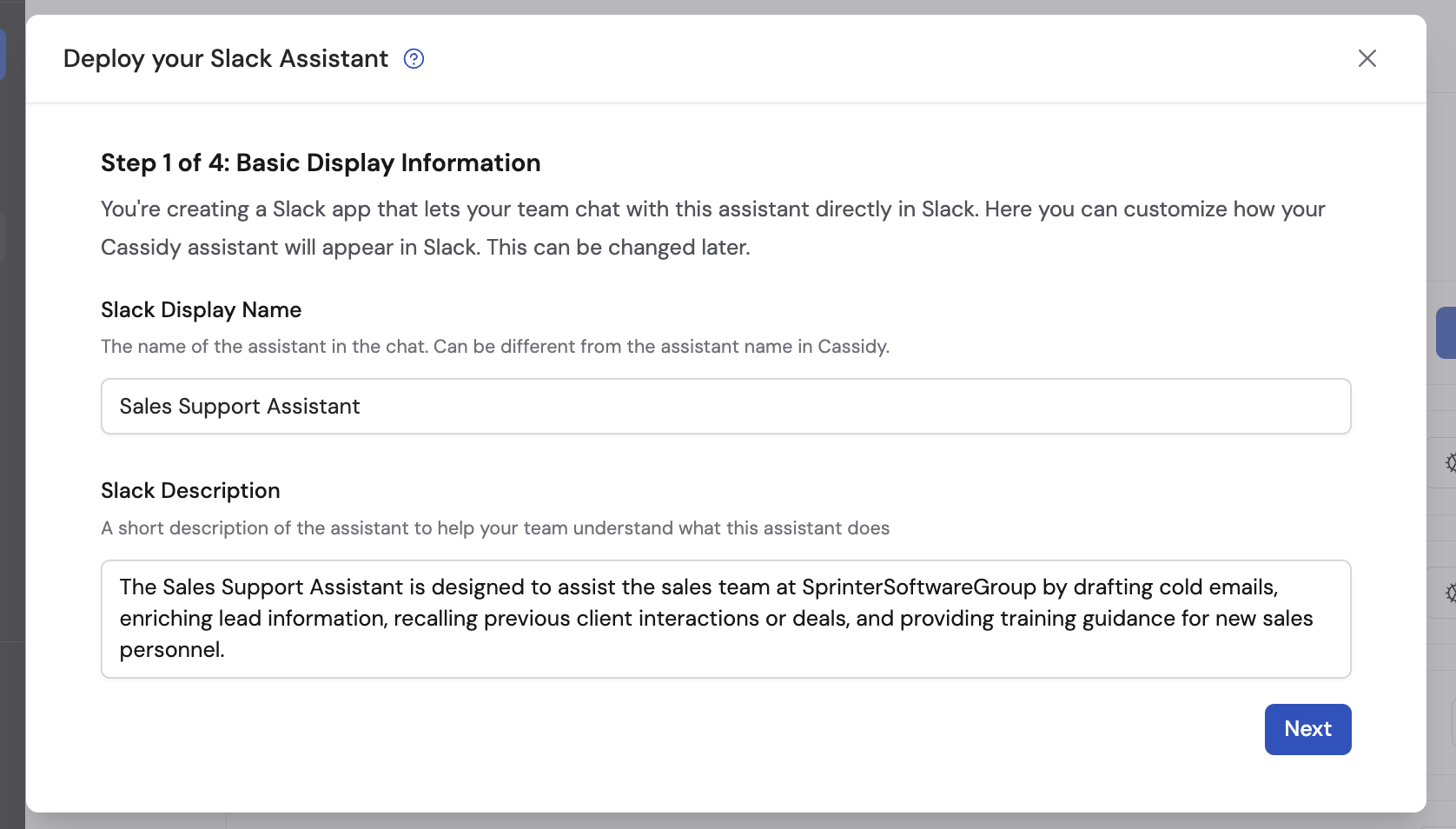 Slack display name and description fields in deployment settings