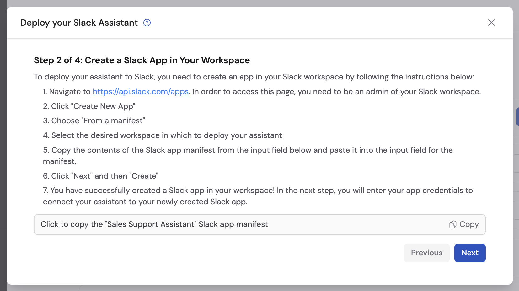 App manifest ready to copy in the Cassidy deployment dialog