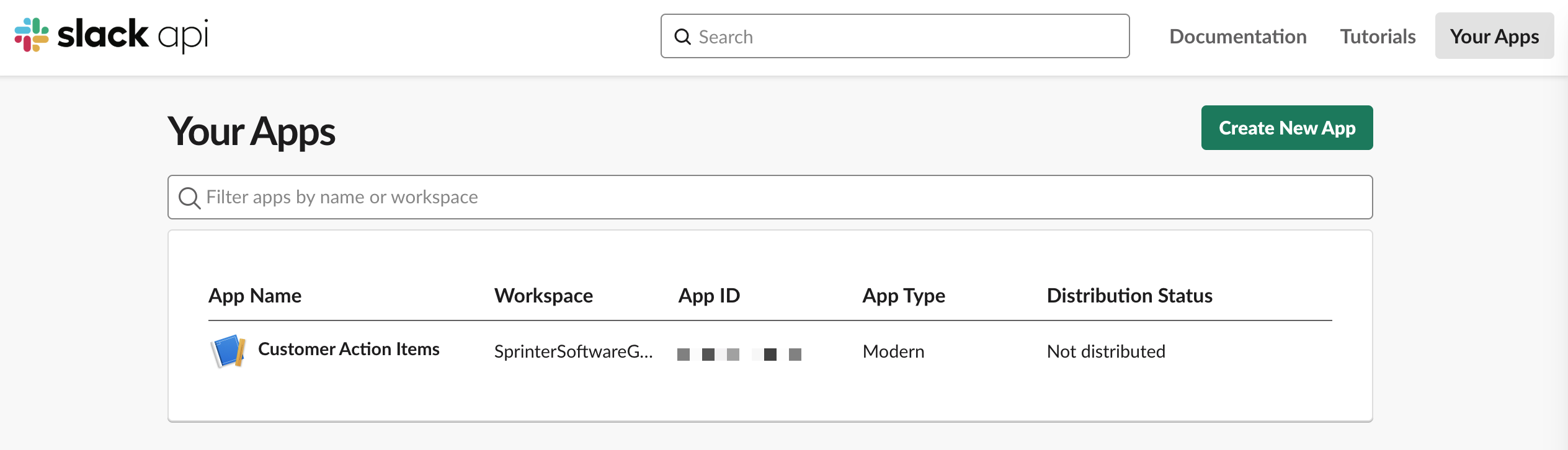 Slack API apps page with the Create New App button