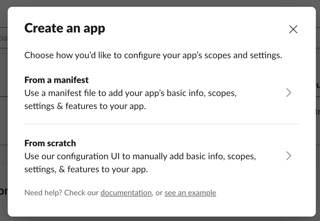 Slack app creation dialog with From a manifest option selected
