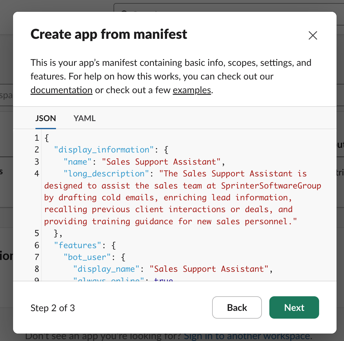 Manifest input area in the Slack app creation flow