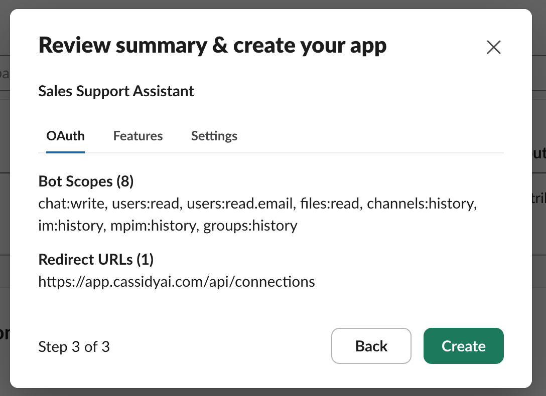 Confirmation screen before creating the Slack app