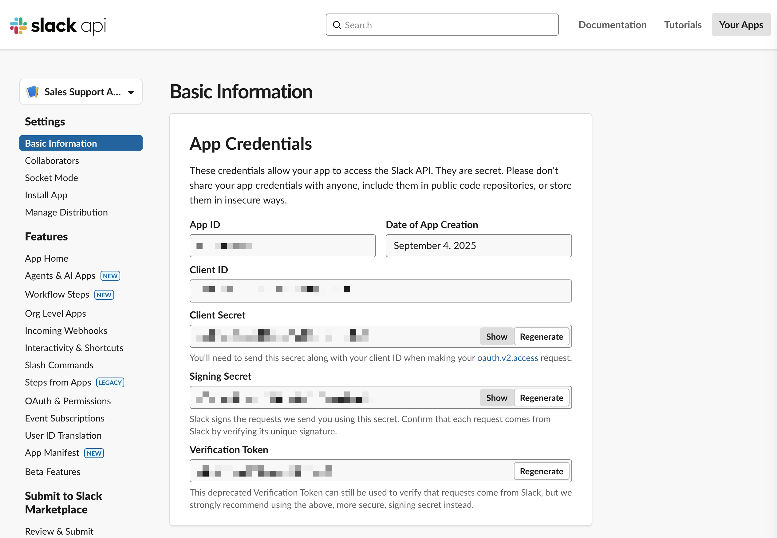 Slack app Basic Information page showing App ID, Client ID, Client Secret, and Signing Secret