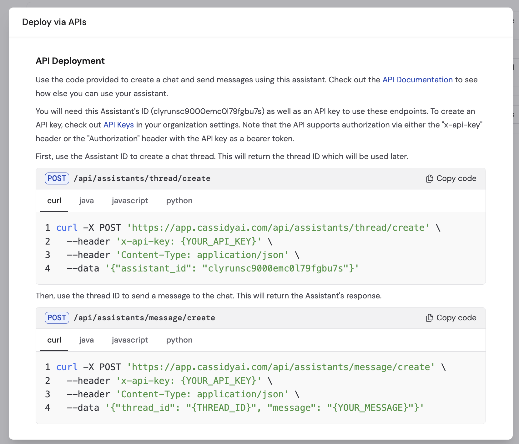 Deploy via API section showing setup instructions and sample code