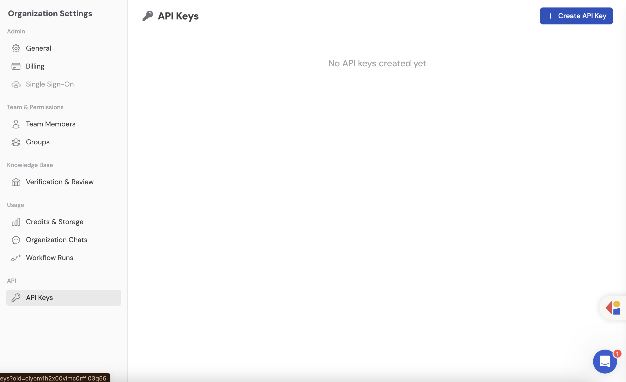 Organization Settings window with the API Keys tab selected