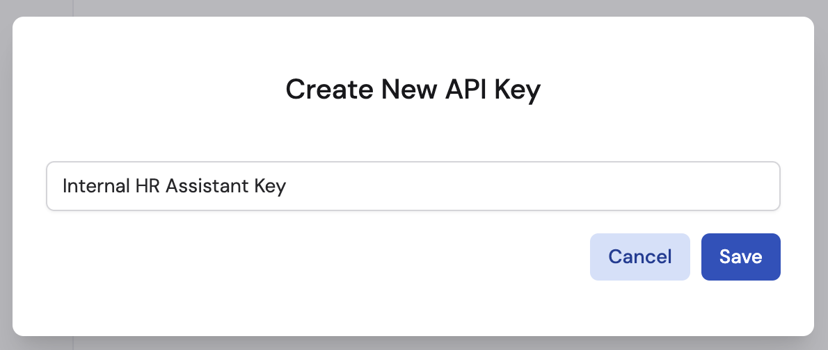 Create API Key dialog with name field and Save button