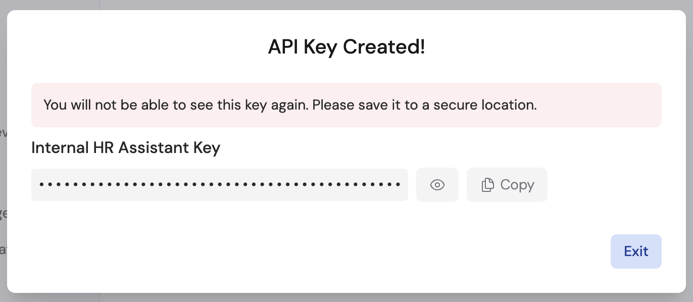 API key revealed with copy button and Exit option