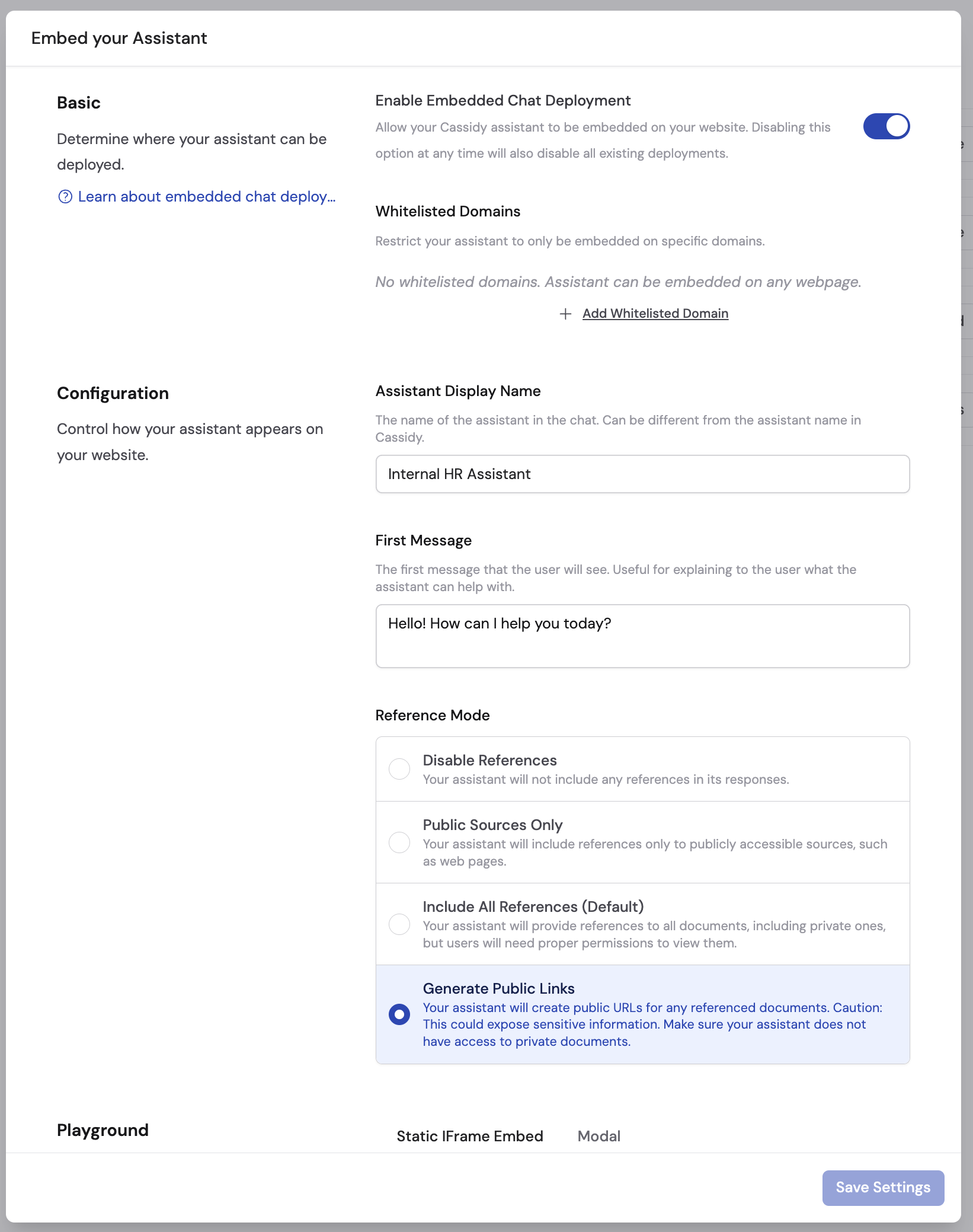 Deployments tab showing embed configuration options