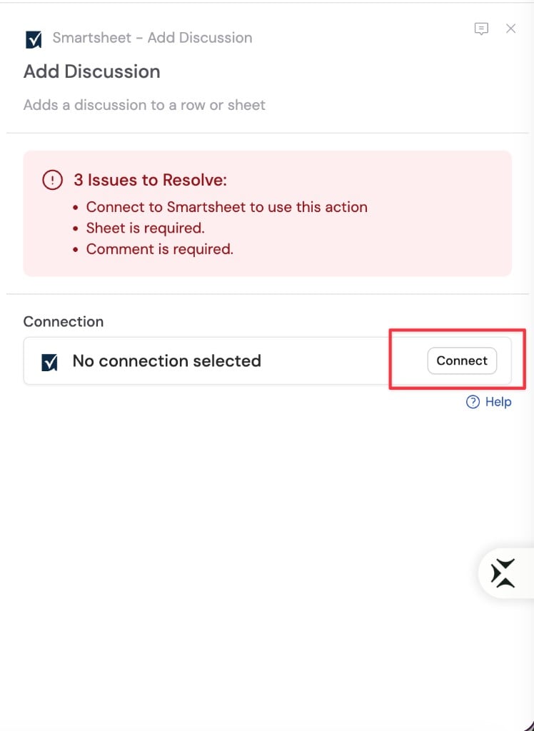 Smartsheet Add Discussion action configuration showing No connection selected and a Connect button