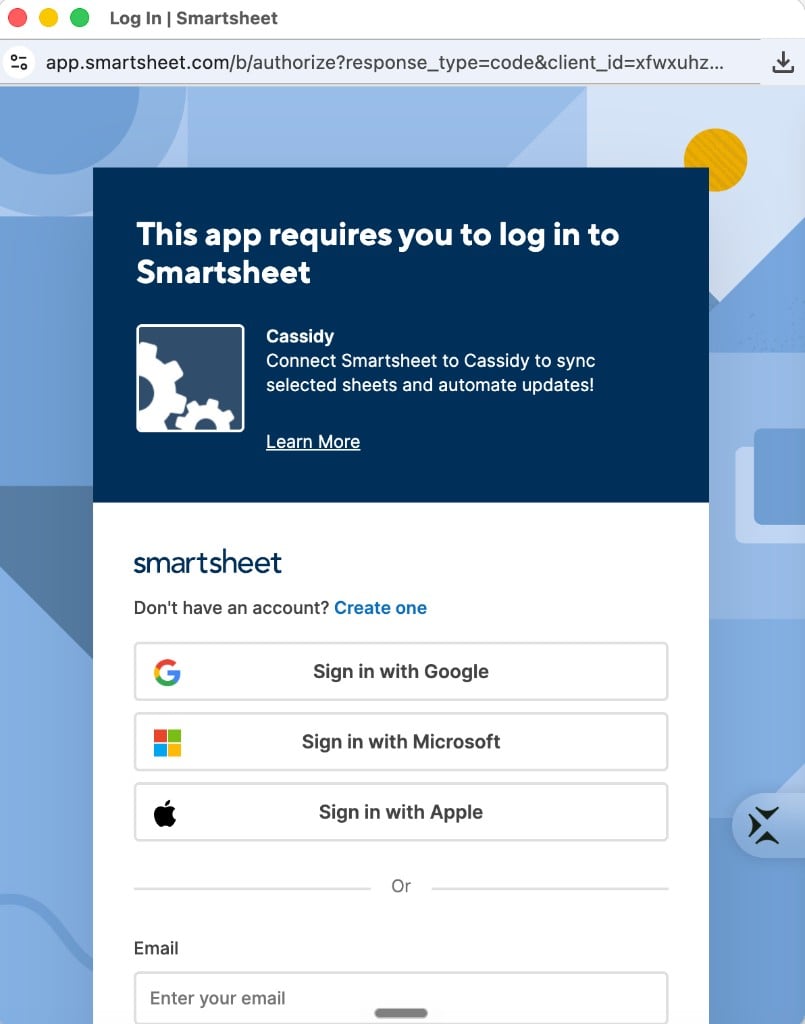 Smartsheet login page showing Cassidy requesting authorization to connect