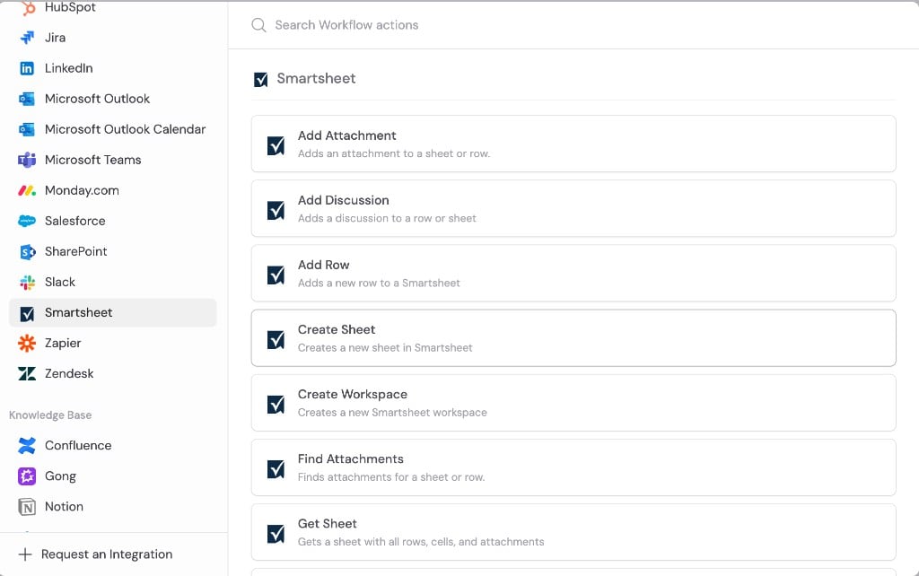 Workflow Add Action panel with Smartsheet selected and actions like Add Row, Get Sheet, and Create Sheet listed