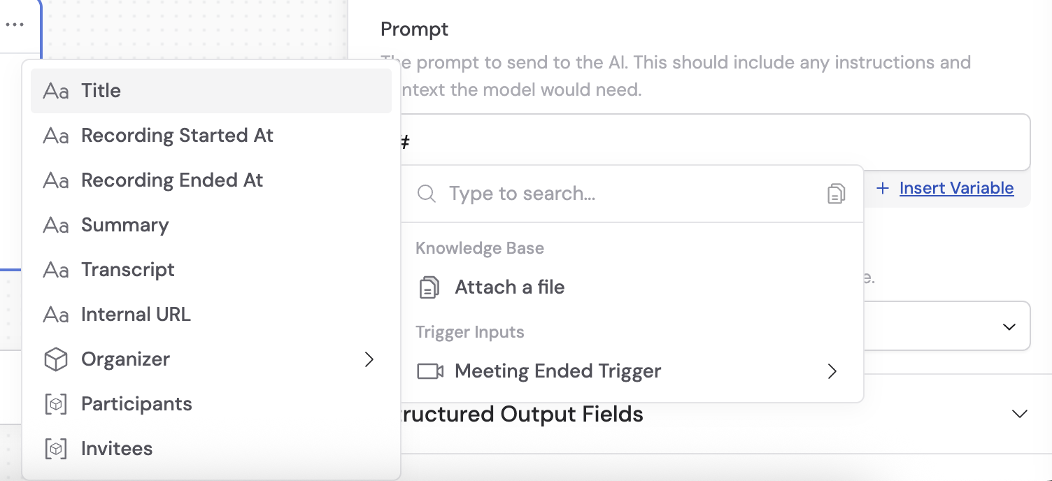 Variable selector showing Meeting Ended trigger variables