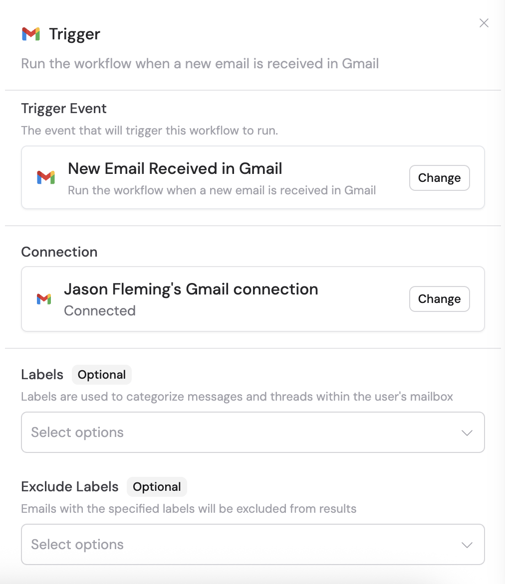 Adding a Gmail connection in the trigger configuration