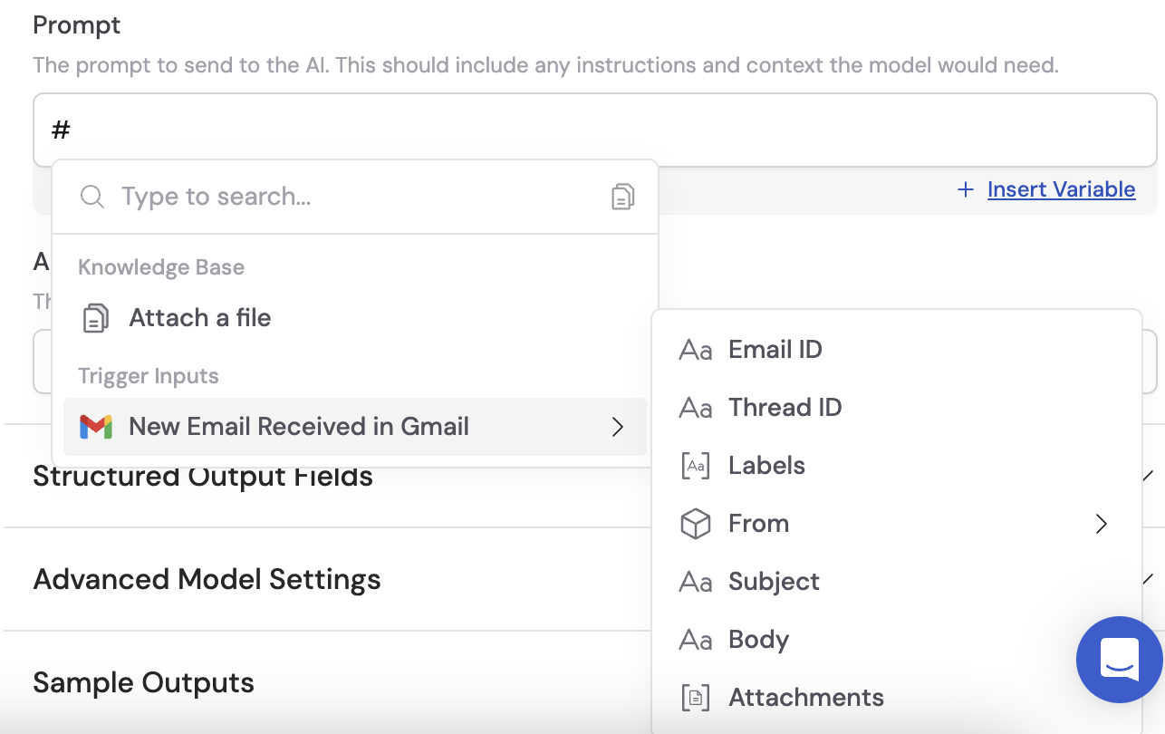 Available Gmail trigger variables in the Workflow builder