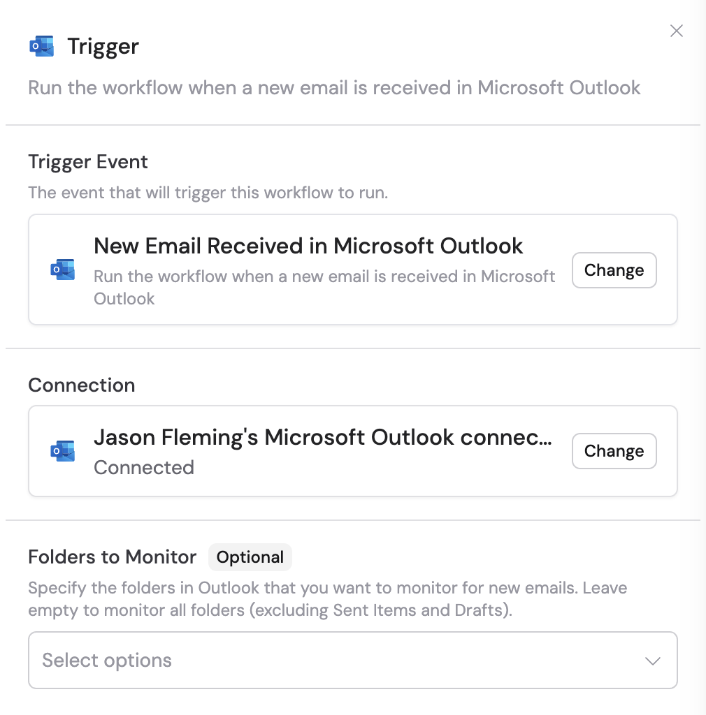 Adding a Microsoft Outlook connection in the trigger configuration