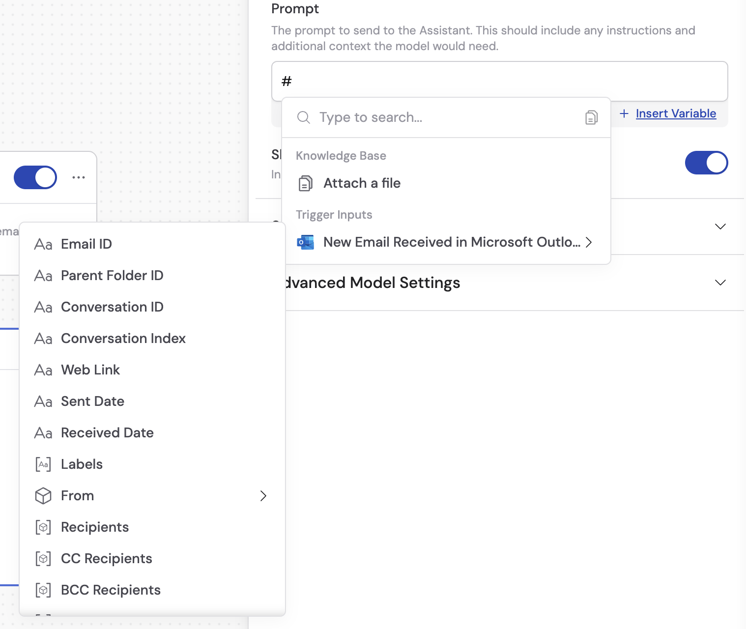 Available Outlook trigger variables in the Workflow builder