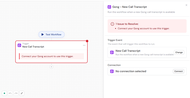Gong connection prompt in the trigger settings