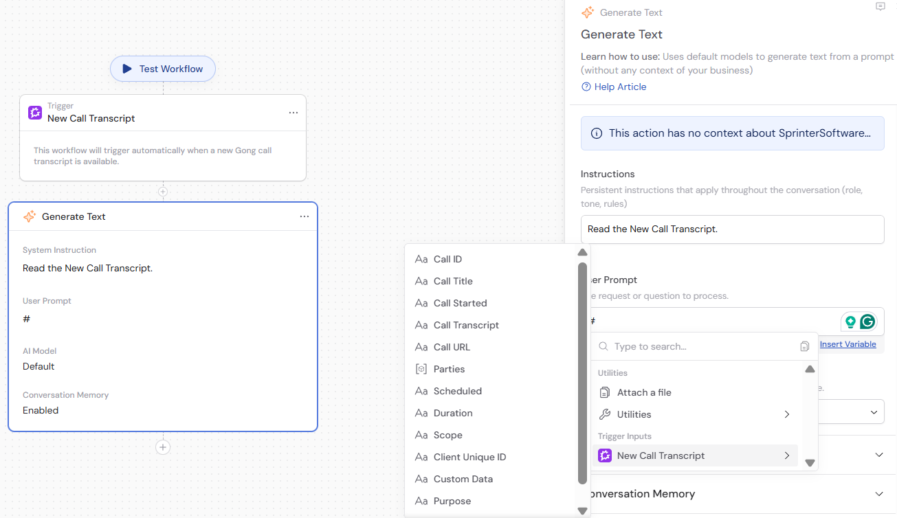 Generate Text action referencing Gong trigger variables in the User Prompt field