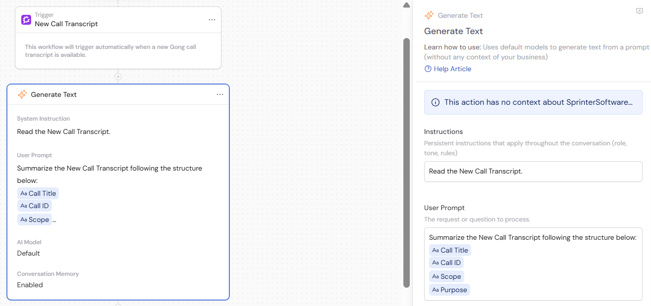 Variable picker showing available Gong call transcript variables