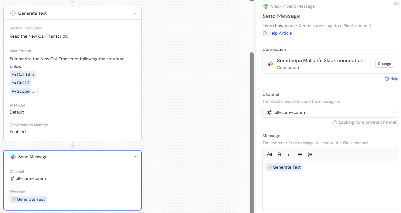 Send Slack Message action referencing the Generate Text output