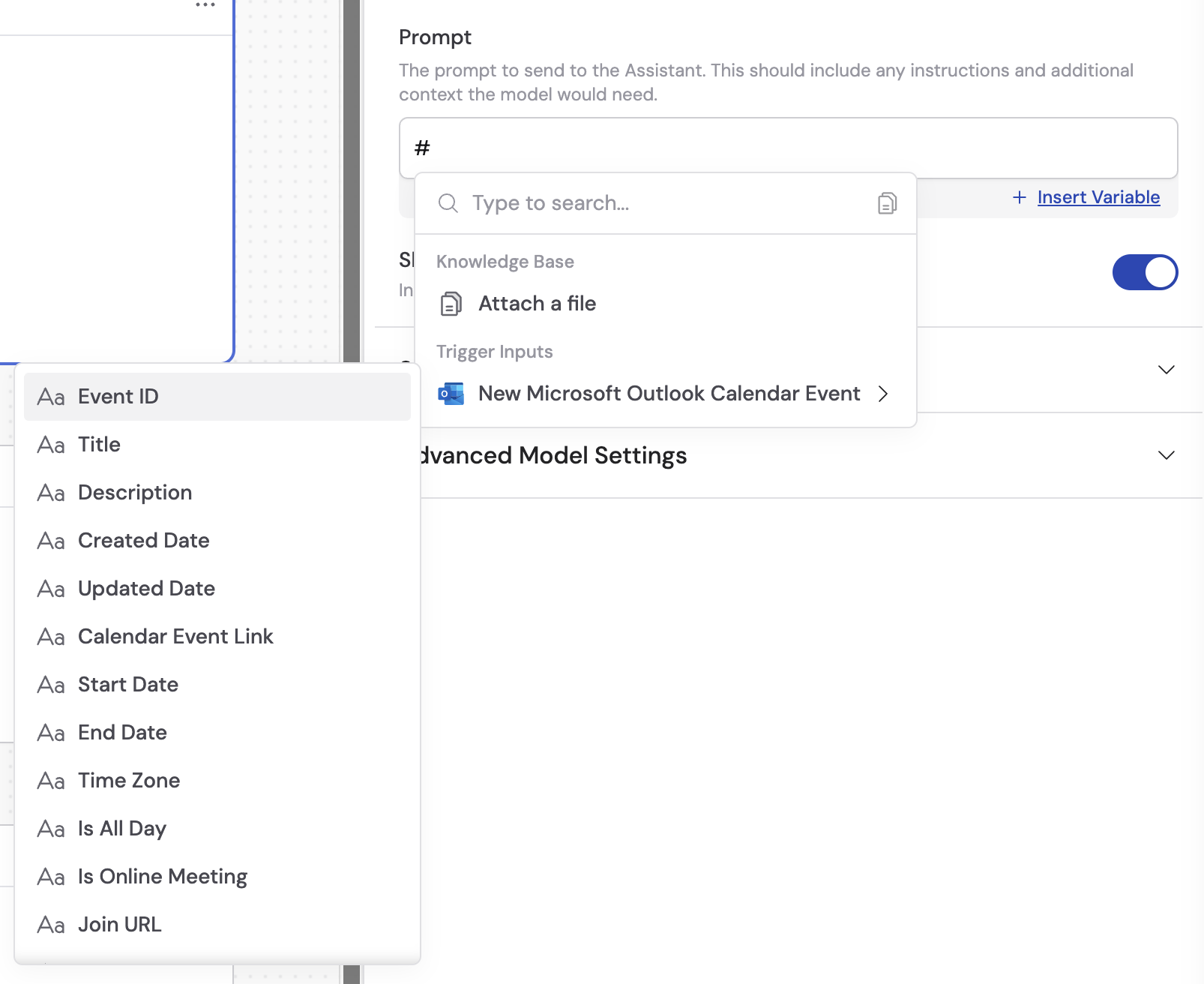 Variable picker showing available Outlook Calendar trigger fields