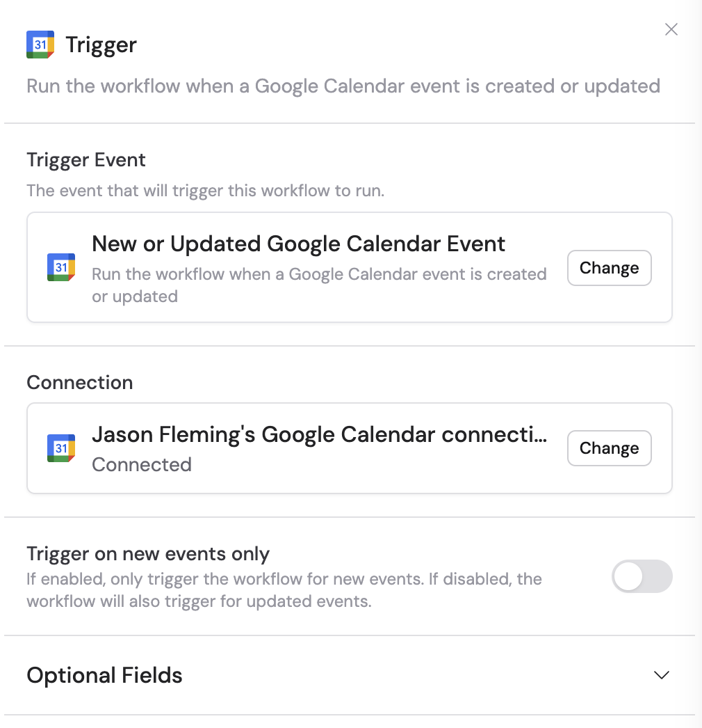 Connecting Google Calendar in the trigger configuration