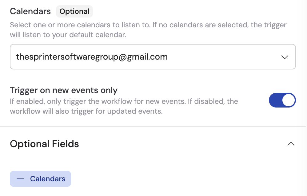 Calendar selection dropdown