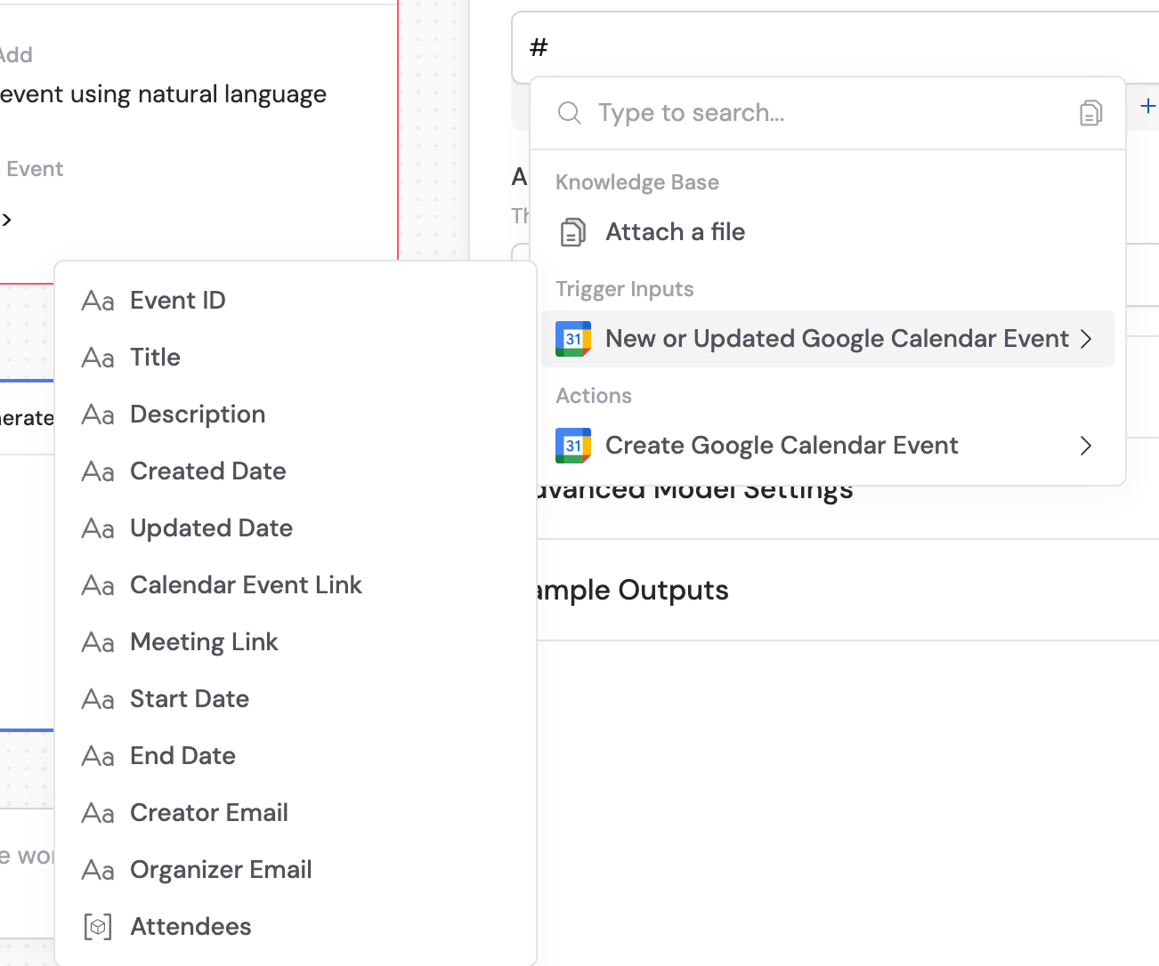 Variable picker showing available Google Calendar trigger fields