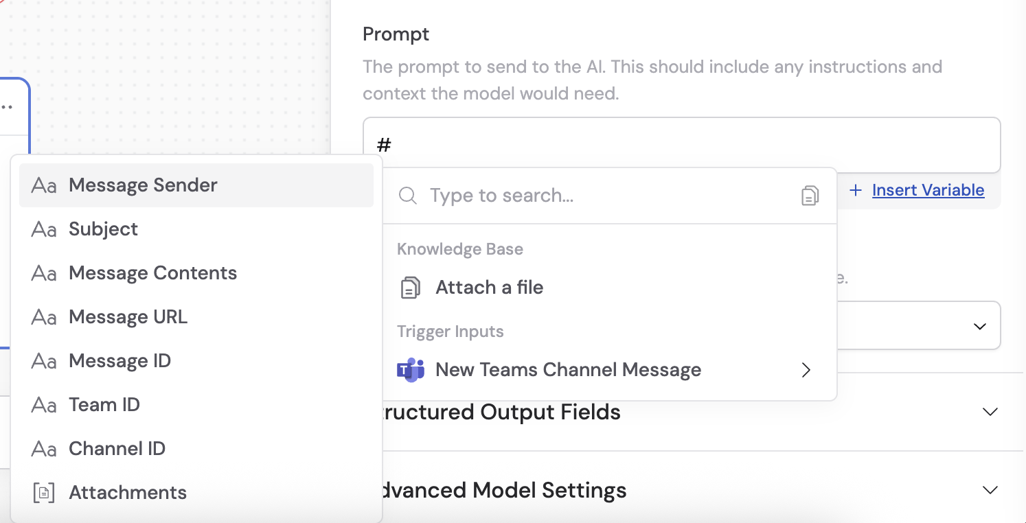 Available Teams channel message trigger variables