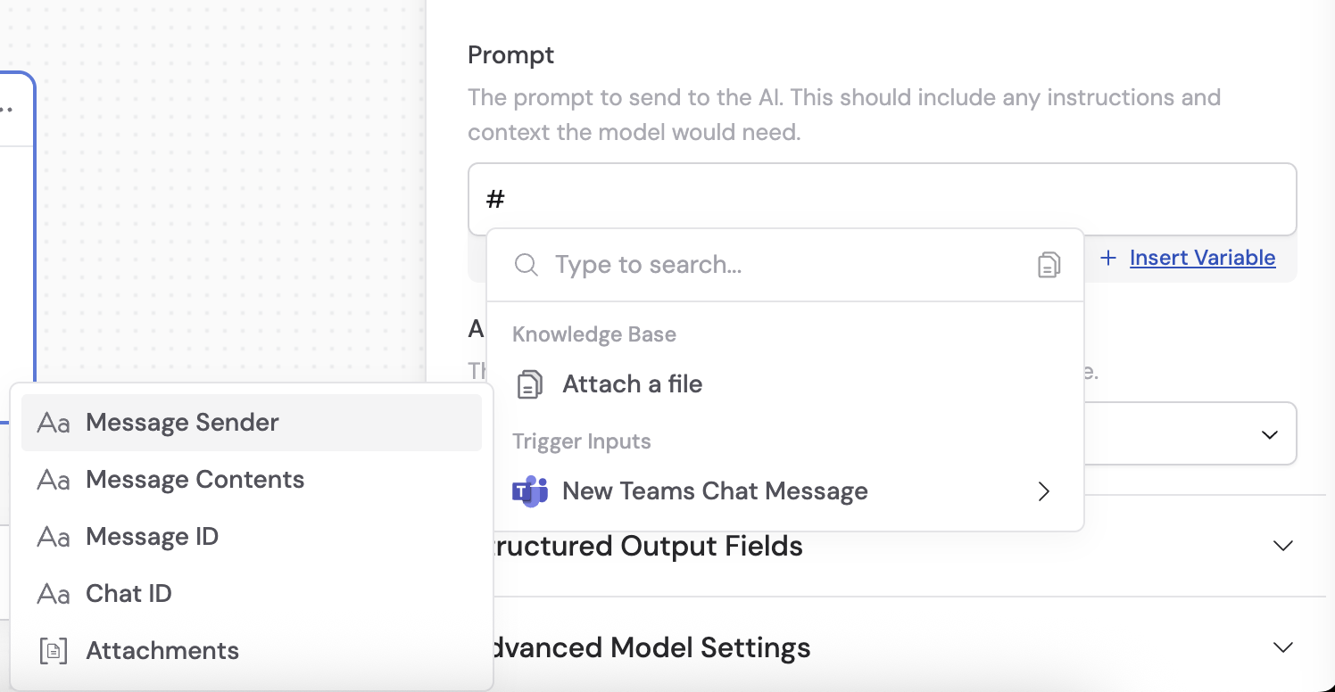 Available Teams chat message trigger variables
