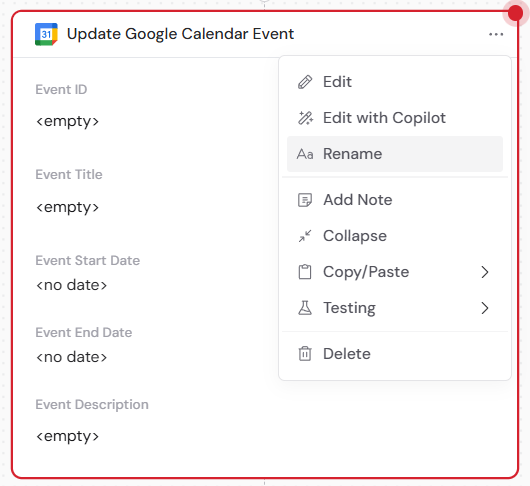 Rename option in the action menu