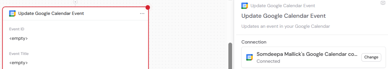 Connecting Google Calendar in the Update Event action