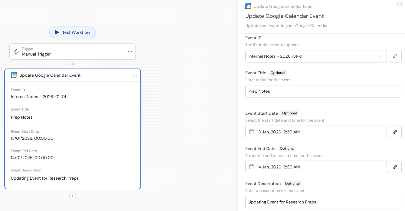 Remaining event fields: Title, Start Date, End Date, Description