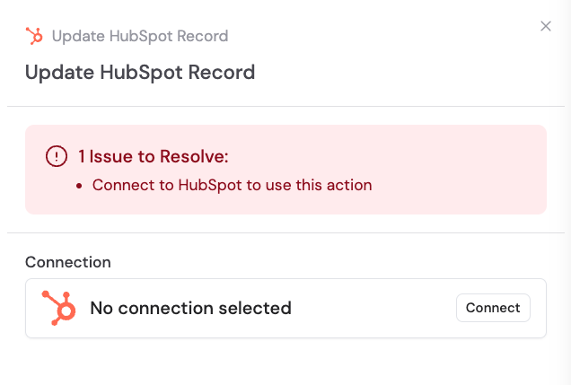 Selecting the Update HubSpot Record action from the action list