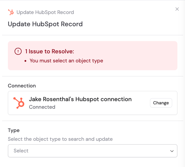 HubSpot connection prompt in the action configuration