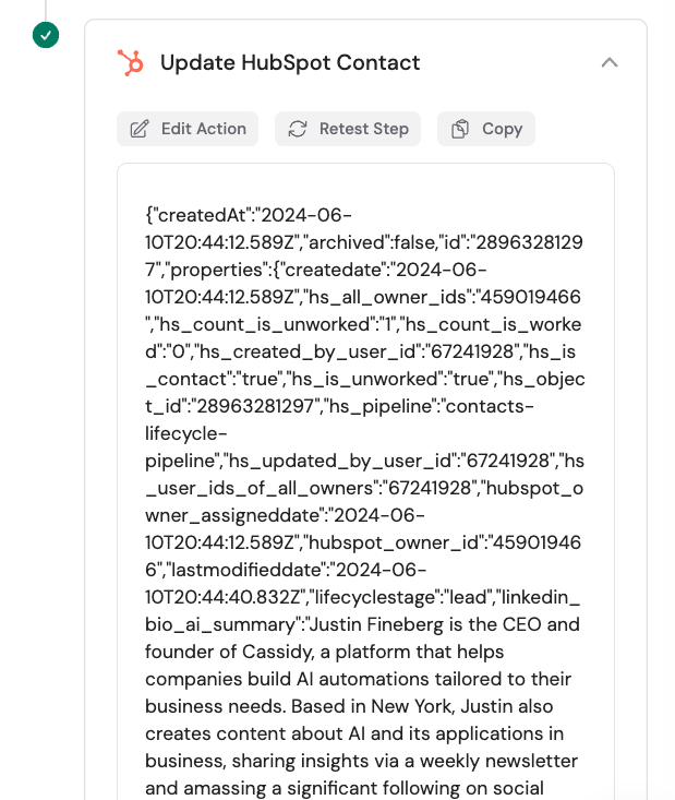 Sample output showing the updated HubSpot record