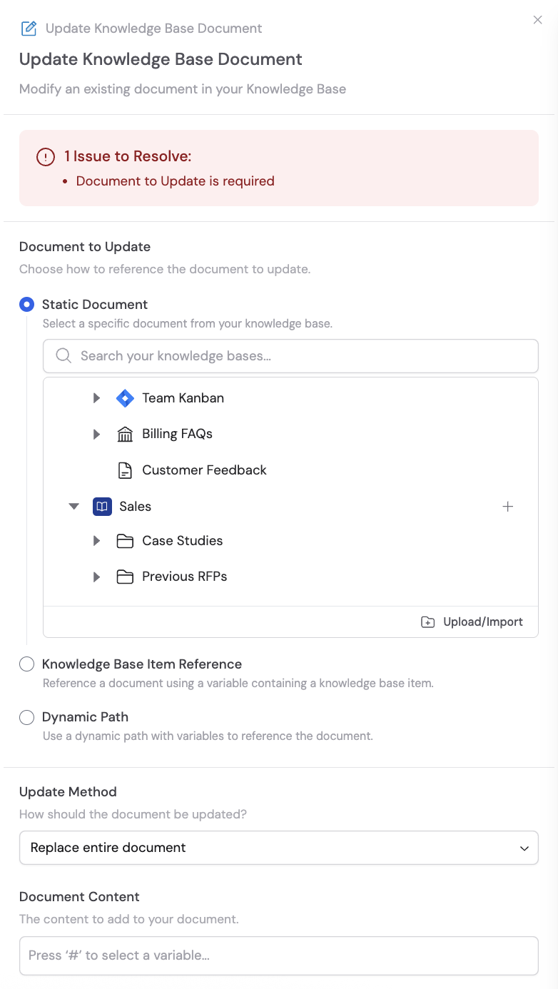 Update Knowledge Base Document action added to the Workflow