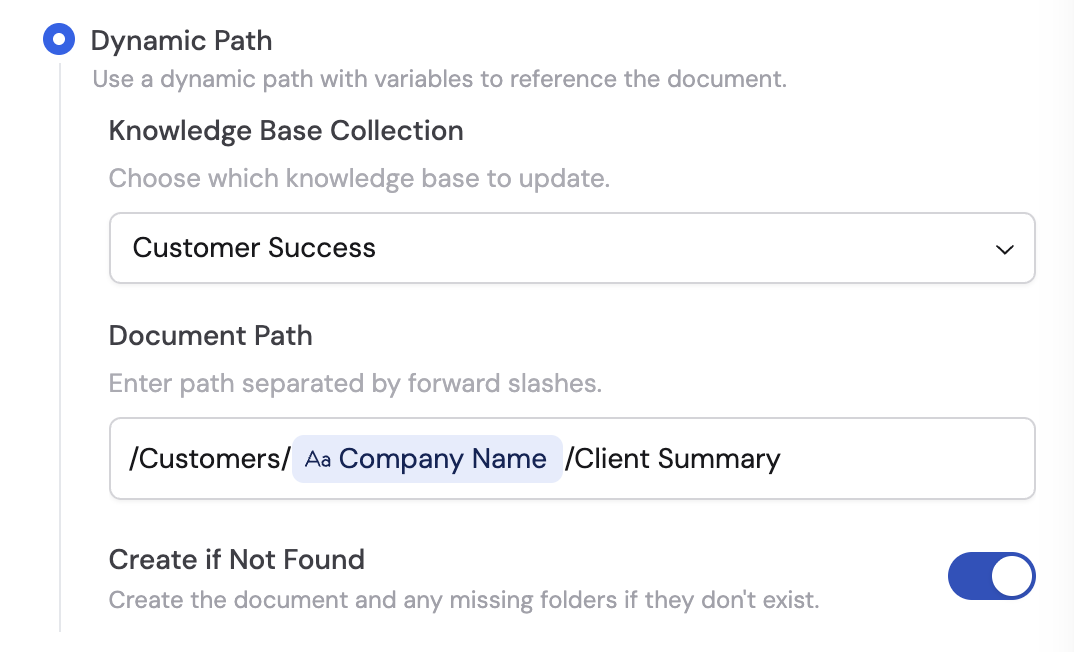 Dynamic Path with Collection, Document Path, and Create if Not Found toggle
