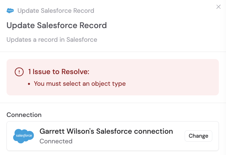 Salesforce connection prompt in the action configuration
